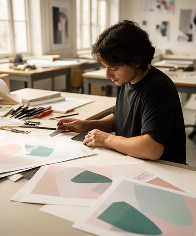 Estudiante de diseño revisando una composición editorial junto a una mesa de trabajo en un aula luminosa