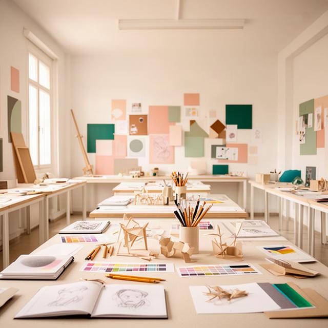 Aula luminosa de diseño en Borriana con mesas de trabajo, materiales de dibujo y paneles de inspiración