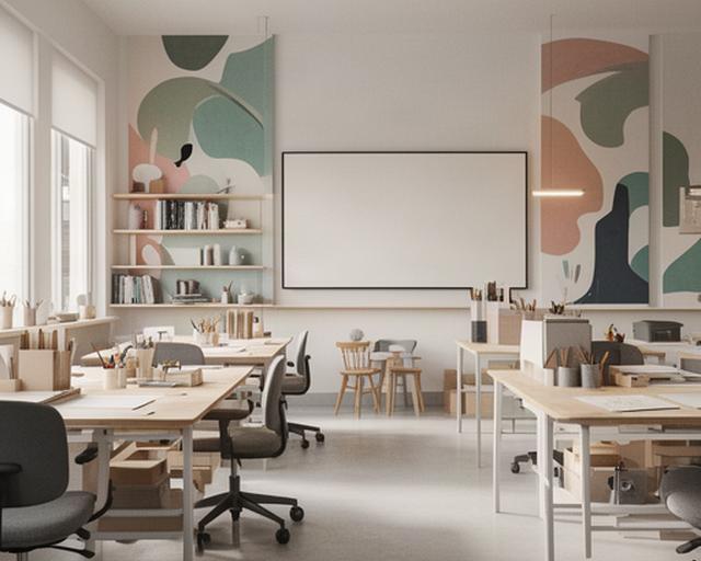 Interior de las instalaciones de Baena & Blasco Diseño en Borriana con mesas de trabajo, estanterías y paneles de inspiración