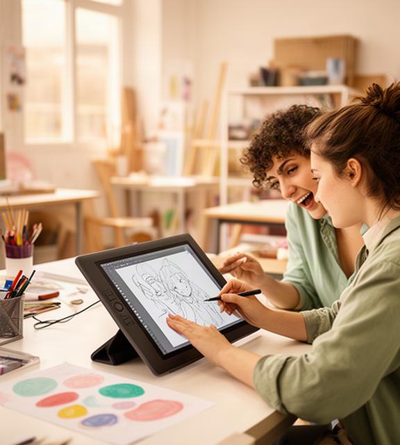 Alumna trabajando en una ilustración digital junto a su profesora en un aula luminosa de Borriana