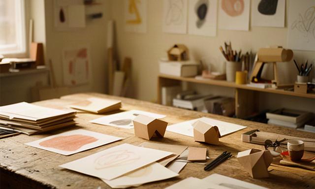 Primer estudio de Baena & Blasco Diseño en Borriana con una mesa de madera y bocetos de diseño en las paredes