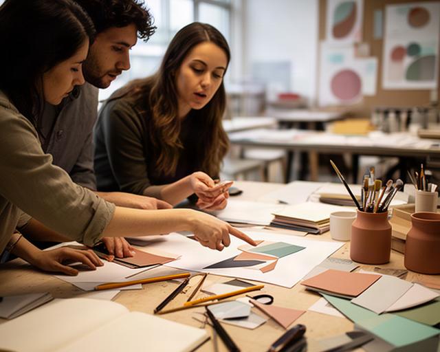 Alumnos de diseño revisando bocetos y materiales en una mesa de trabajo compartida