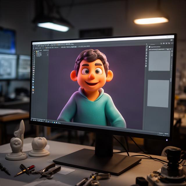 Personaje modelado en 3D sobre una pantalla de trabajo durante una clase de animación