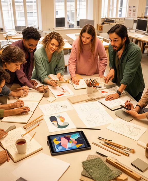 Equipo docente revisando bocetos y una tableta gráfica alrededor de una mesa de trabajo