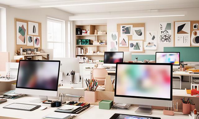 Aula actual de Baena & Blasco Diseño con ordenadores, mesas amplias y muestras de trabajo de alumnos