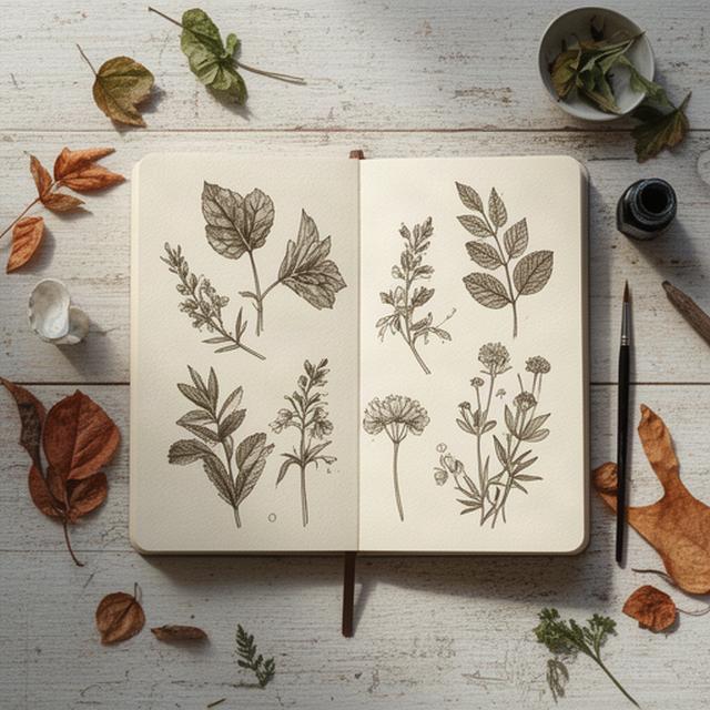 Páginas de un cuaderno botánico con ilustraciones de hojas realizadas con tinta
